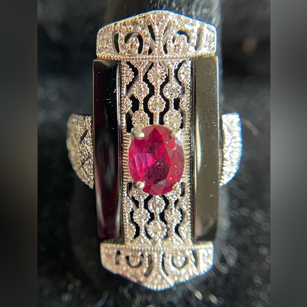 Rarities Carol Brodie Sterling, Ruby, White Diamonds & Black Onyx Art Deco Ring